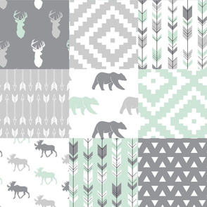 Willow Woods Patchwork Quilt top - grey & mint - woodland