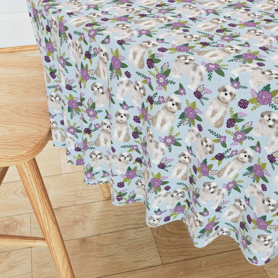 shih tzu floral dog quilt - cute dog quilt, dog florals, purple florals -  light blue