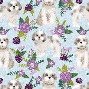 shih tzu floral dog quilt - cute dog quilt, dog florals, purple florals -  light blue