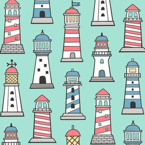 Lighthouses Nautical Sea Ocean Doodle On Mint Green