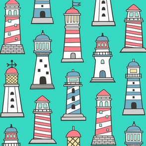 Lighthouses Nautical Sea Ocean Doodle On Green