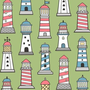 Lighthouses Nautical Sea Ocean Doodle On Moss Green