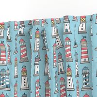 Lighthouses Nautical Sea Ocean Doodle On Light Blue