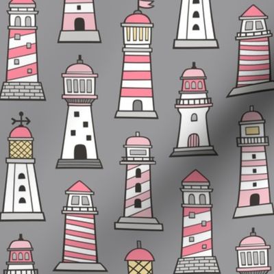 Lighthouses Nautical Sea Ocean Doodle Pink On Grey