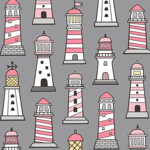 Lighthouses Nautical Sea Ocean Doodle Pink On Grey