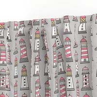 Lighthouses Nautical Sea Ocean Doodle Pink On Light Grey