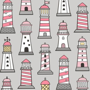 Lighthouses Nautical Sea Ocean Doodle Pink On Light Grey