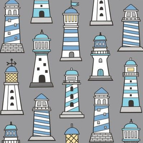 Lighthouses Nautical Sea Ocean Doodle Blue On Grey