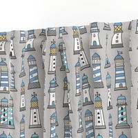 Lighthouses Nautical Sea Ocean Doodle Blue On Light Grey