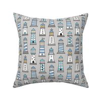 Lighthouses Nautical Sea Ocean Doodle Blue On Light Grey