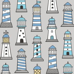 Lighthouses Nautical Sea Ocean Doodle Blue On Light Grey