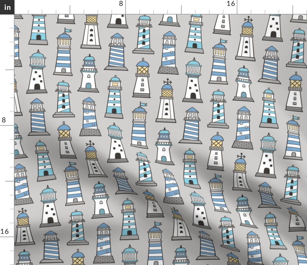 Lighthouses Nautical Sea Ocean Doodle Blue On Light Grey