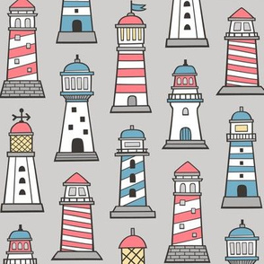 Lighthouses Nautical Sea Ocean Doodle On Light Grey