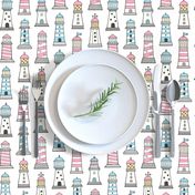 Lighthouses Nautical Sea Ocean Doodle Pink Blue on White