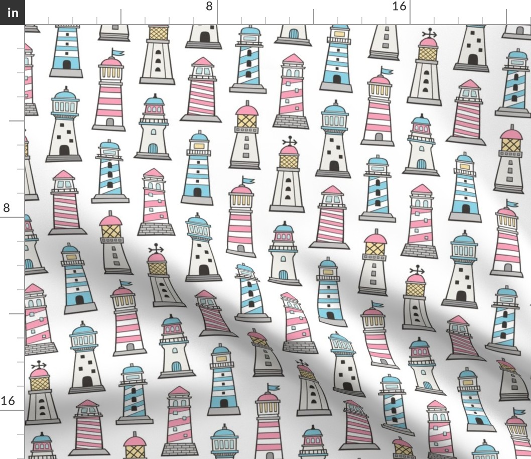 Lighthouses Nautical Sea Ocean Doodle Pink Blue on White