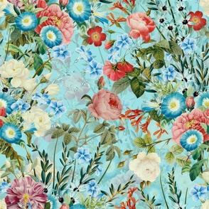 18"  Pierre-Joseph Redouté- Antique Roses and Flowers on blue