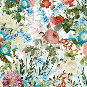 Nostalgic Wild Pink Pierre-Joseph Redouté Springflowers And Roses,Blue Antique Flowers Bouquets, vintage home decor,  English Roses Fabric on white