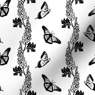 Delphiniums and Butterflies Black and White