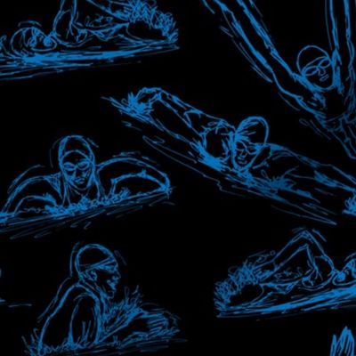 Swimming Sketches Blue on Black