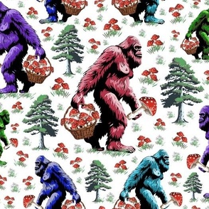 Bigfoot Collecting Mushroom and Fungi in Pine Tree  Forest, Colorful Sasquatch Mythical Cryptid, Yeti Monster