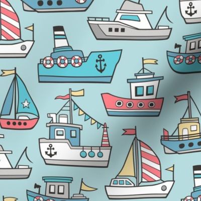 Boats Ships Nautical Maritime Doodle on Aqua Blue