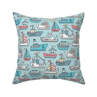 Boats Ships Nautical Maritime Doodle on Aqua Blue