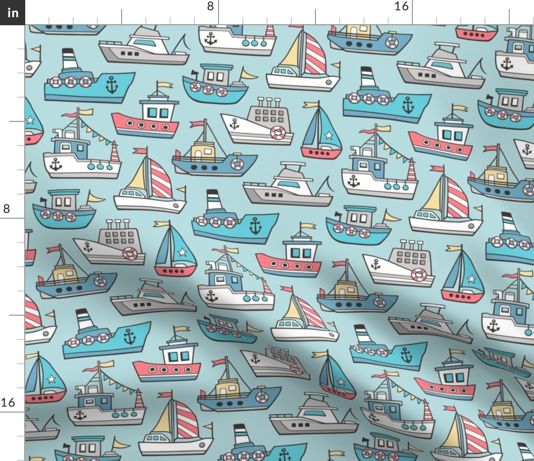 Boats Ships Nautical Maritime Doodle on Aqua Blue