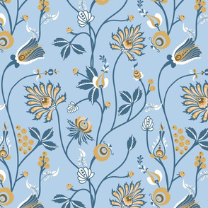 Scandinavian floral pattern with nordic  ornament on blue background