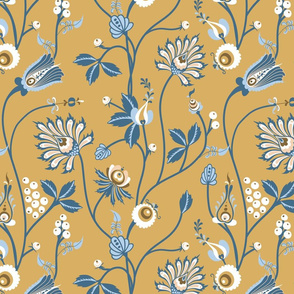 Scandinavian floral pattern with nordic  ornament on yellow background