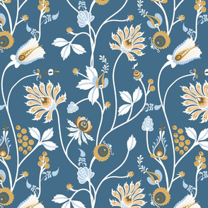 Scandinavian floral pattern with nordic  ornament on blue background