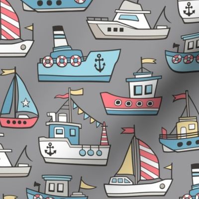 Boats Ships Nautical Maritime Doodle on Grey