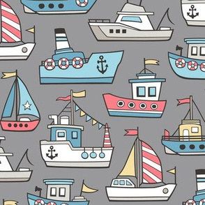 Boats Ships Nautical Maritime Doodle on Grey