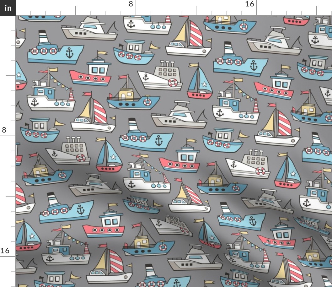 Boats Ships Nautical Maritime Doodle on Grey