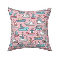 Boats Ships Nautical Maritime Doodle on Light Blue on Pink