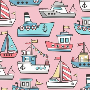 Boats Ships Nautical Maritime Doodle on Light Blue on Pink