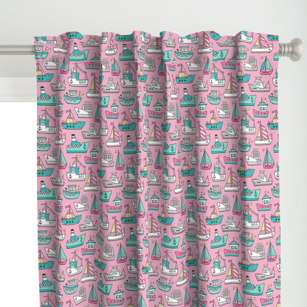 Boats Ships Nautical Maritime Doodle Pink Mint on Pink