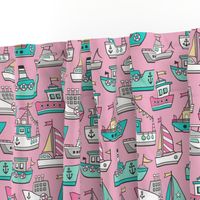 Boats Ships Nautical Maritime Doodle Pink Mint on Pink