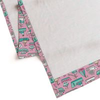 Boats Ships Nautical Maritime Doodle Pink Mint on Pink