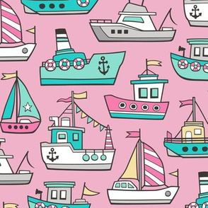Boats Ships Nautical Maritime Doodle Pink Mint on Pink