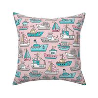 Boats Ships Nautical Maritime Doodle Pink on Light Pink