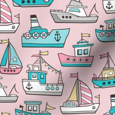 Boats Ships Nautical Maritime Doodle Pink on Light Pink