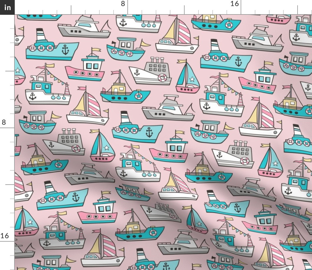 Boats Ships Nautical Maritime Doodle Pink on Light Pink