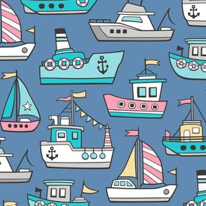 Boats Ships Nautical Maritime Doodle Pink on Navy Blue