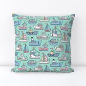 Boats Ships Nautical Maritime Doodle Pink on Mint Green