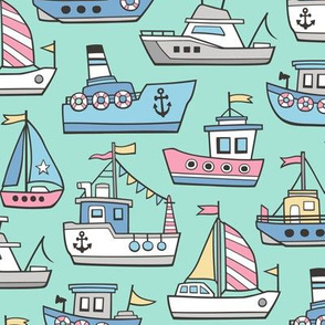 Boats Ships Nautical Maritime Doodle Pink on Mint Green