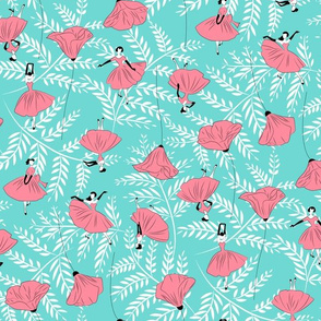 Dancing Poppies (Pink on Aqua)