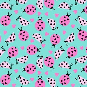 girly valentines day ladybug fabric // ladybug fabric, ladybird fabric, cute ladybird, girly ladybugs, girls fabric, cute design for valentines - mint and pink