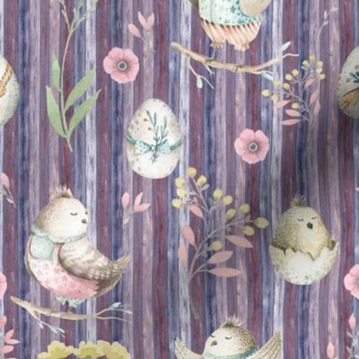 small EASTER BIRDS AND EGGS ON WOOD PURPLE FLWRHT