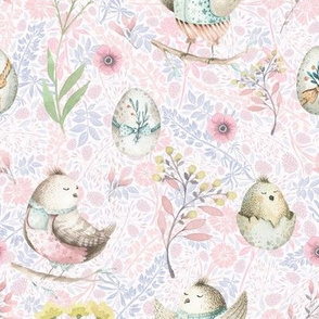 small EASTER BIRDS AND EGGS PURPLE PINK FLWRHT