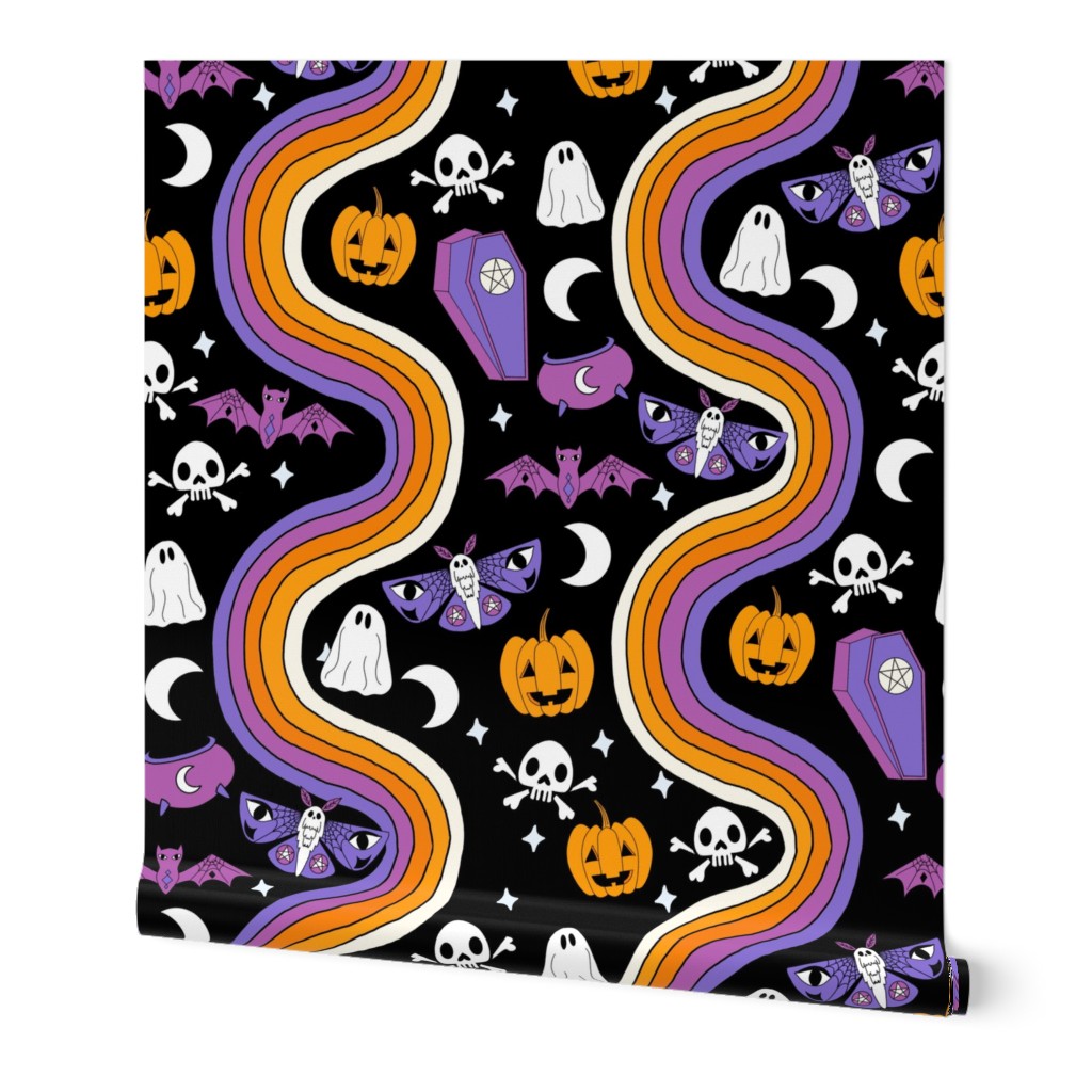 SMALL halloween rainbow fabric - coffin, ghost, moth, pumpkins